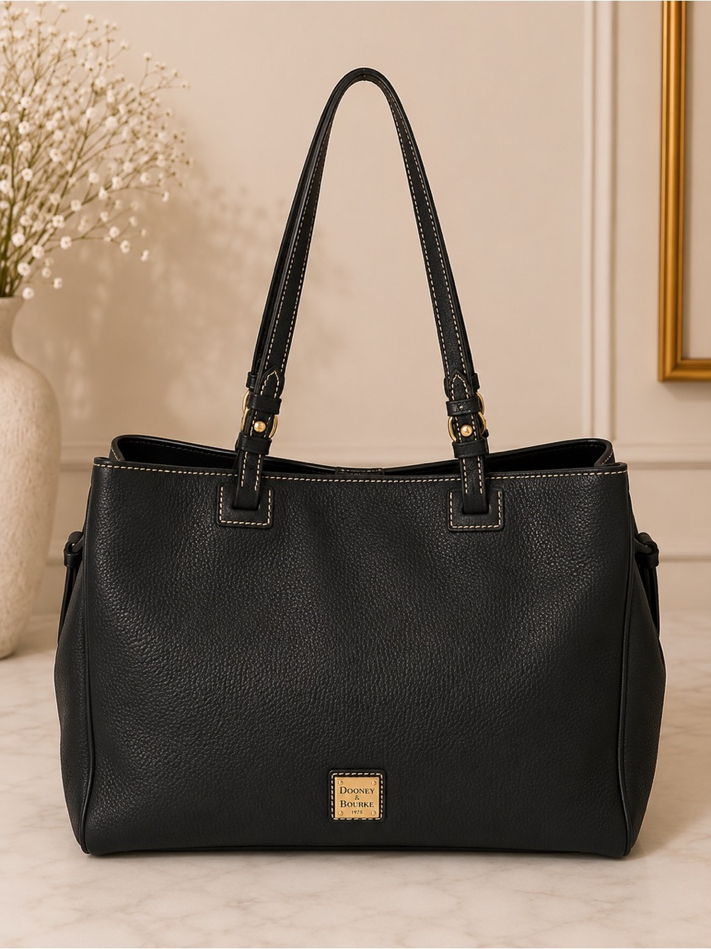 Dooney & Bourke Black Pebbled Leather Shopper Tote Shoulder Work Laptop Bag